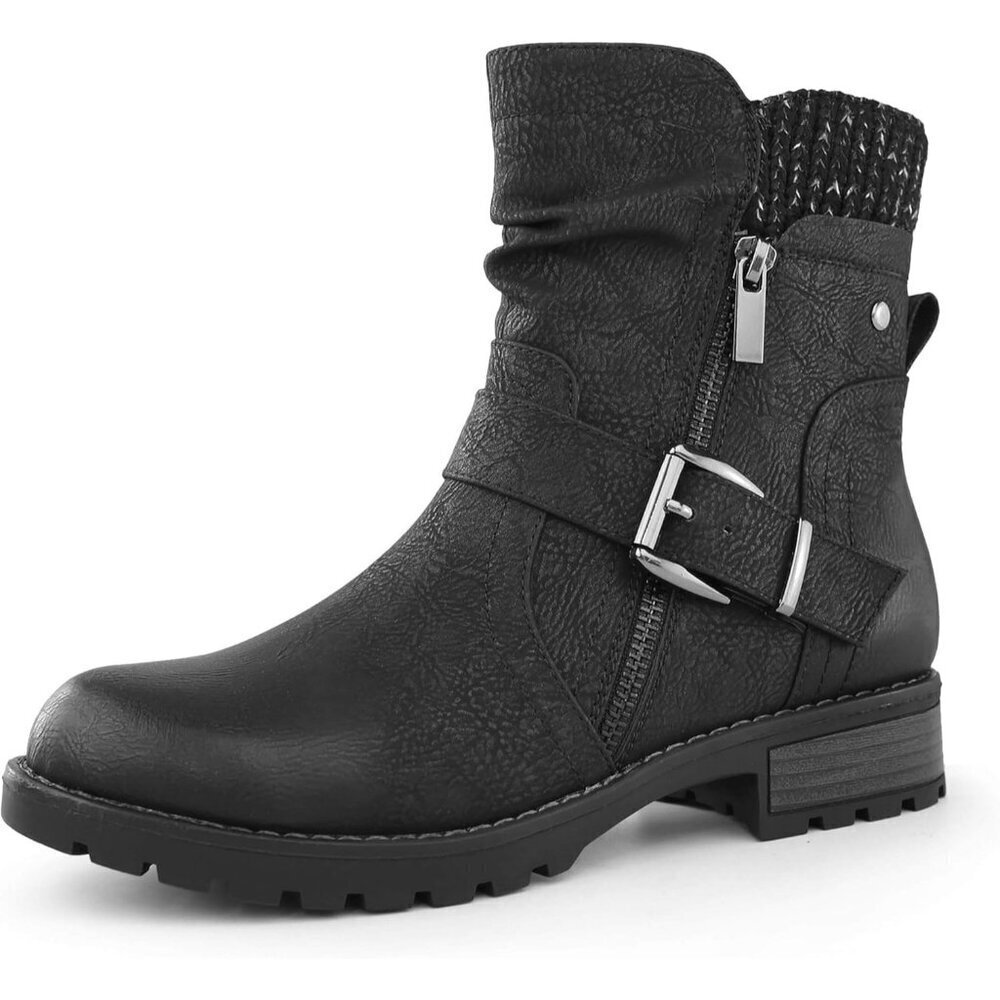 Women's Combat Black Boots Side Zipper Closure Buckle Fashion Ankle Booties - Picture 4 of 7